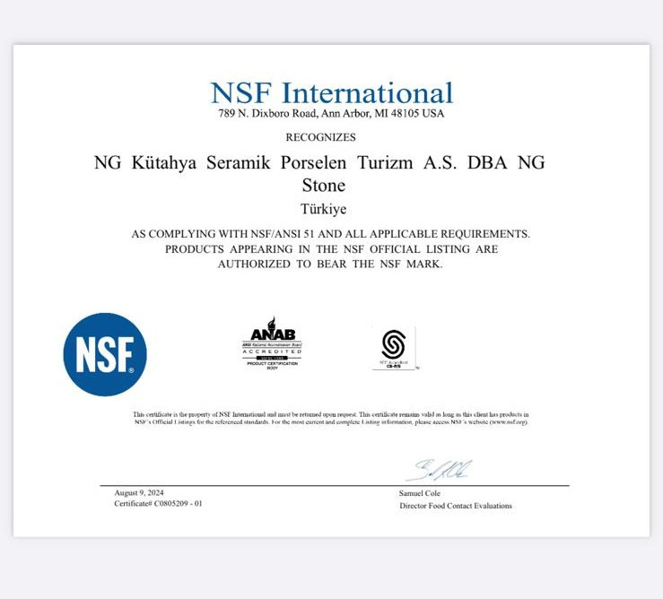 NG KÜTAHYA SERAMİK, ULUSLARARASI NSF (NATIONAL SANITATION FOUNDATION) SERTİFİKASINI TÜRKİYE’DE İLK ALAN SERAMİK MARKASI OLDU